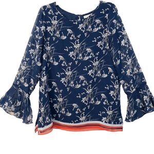 BLOUSE, LARK & Ro Top Blue w/Gray Floral Blouse